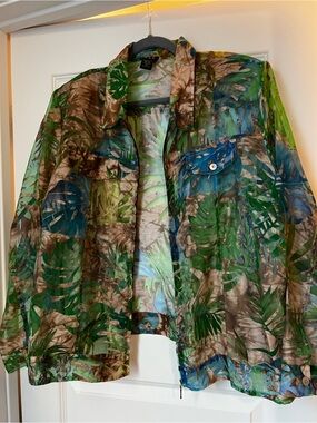 ELCC brand zip-front jacket Sheer Tropical Leaf Print Jacket